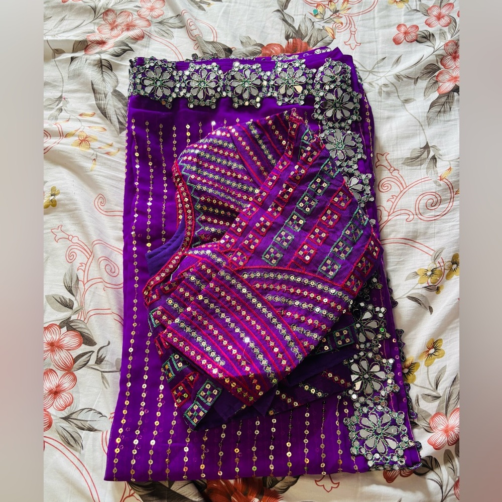 Vibrant Indian purple, green and Red Embellished Saree